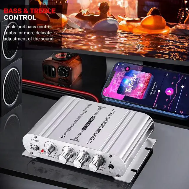 Alt view image 4 of 7 - Facmogu ST-838 2.1CH Audio Power Amplifier, RMS 20Wx2+40W Class D Stereo Digital Audio Amp with Subwoofer Output, 80W Mini Subwoofer Amplifier Audio Stereo Bass Amp with DC12V Power Adapter - Silver