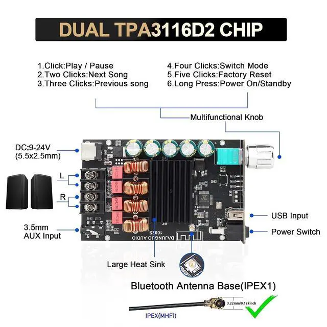 Alt view image 2 of 7 - DAJUNGUO 1002S 2.0 Bluetooth Amplifier Board with Dual TPA3116D2 Chips, 100W+100W Power Output, Wide Voltage Range of 9-24V DC, Bluetooth/USB/3.5mm AUX Input Modes Supported