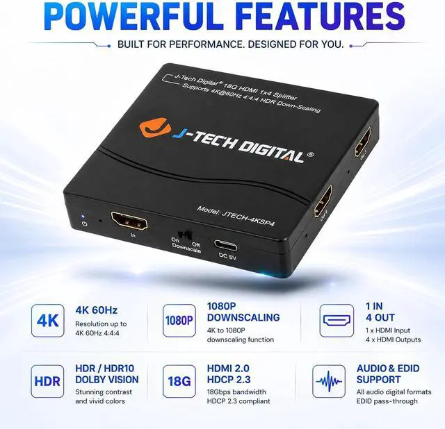 Alt view image 2 of 7 - J-Tech Digital HDMI Splitter 4K 60Hz 1X4 Multi-Resolution Output (MRO) HDMI 2.0 Splitter Supports downscale HDR HDR10 / Dolby Vision 4K@60Hz 4:4:4 HDCP2.3 2.2 (JTECH-4KSP4)