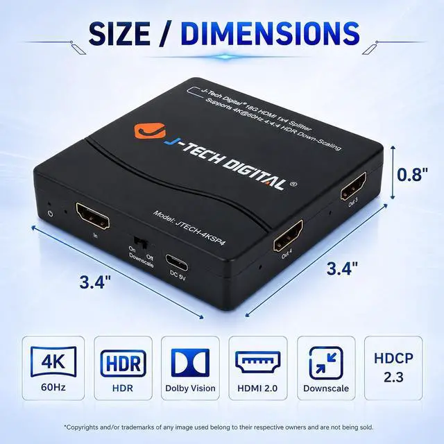 Alt view image 7 of 7 - J-Tech Digital HDMI Splitter 4K 60Hz 1X4 Multi-Resolution Output (MRO) HDMI 2.0 Splitter Supports downscale HDR HDR10 / Dolby Vision 4K@60Hz 4:4:4 HDCP2.3 2.2 (JTECH-4KSP4)