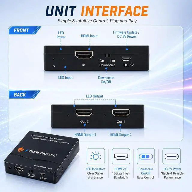 Alt view image 4 of 7 - J-Tech Digital HDMI Splitter 1 in 2 Out 4K 60Hz Multi-Resolution Output (MRO) HDMI 2.0 Splitter Supports Downscale HDR HDR10 / Dolby Vision 4K@60Hz 4:4:4 HDCP2.3 2.2 (JTECH-4KSP2)