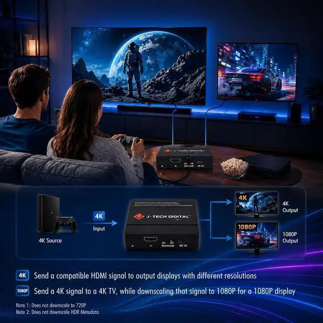 Alt view image 6 of 7 - J-Tech Digital HDMI Splitter 1 in 2 Out 4K 60Hz Multi-Resolution Output (MRO) HDMI 2.0 Splitter Supports Downscale HDR HDR10 / Dolby Vision 4K@60Hz 4:4:4 HDCP2.3 2.2 (JTECH-4KSP2)