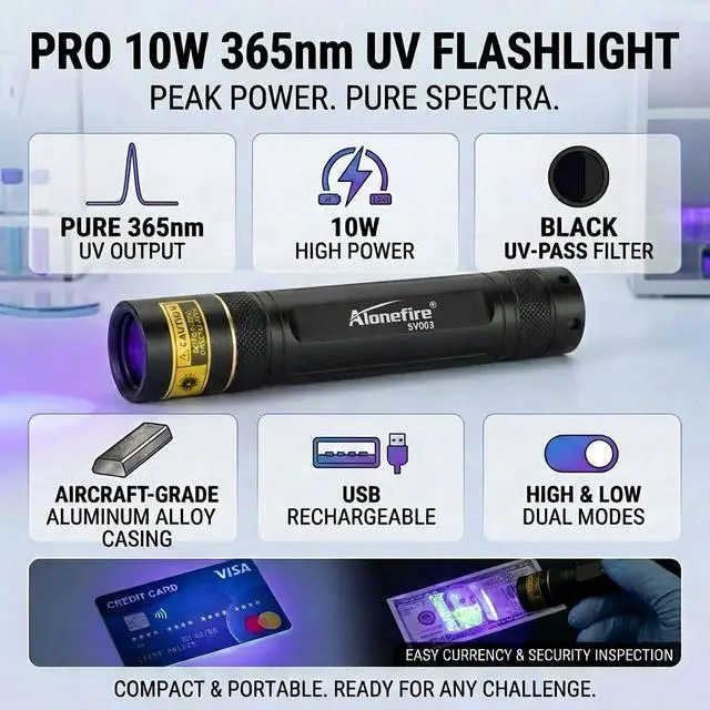 Alt view image 2 of 7 - ALONEFIRE SV003 10W 365nm UV Flashlight Portable USB Rechargeable Woods Lamp Black Light for Pet Urine Detection, Resin Curing, Scorpion, Fishing, Minerals, Cure Glue, Bed Bugs with Battery, Charger