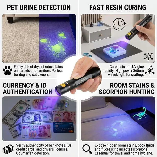 Alt view image 3 of 7 - ALONEFIRE SV003 10W 365nm UV Flashlight Portable USB Rechargeable Woods Lamp Black Light for Pet Urine Detection, Resin Curing, Scorpion, Fishing, Minerals, Cure Glue, Bed Bugs with Battery, Charger