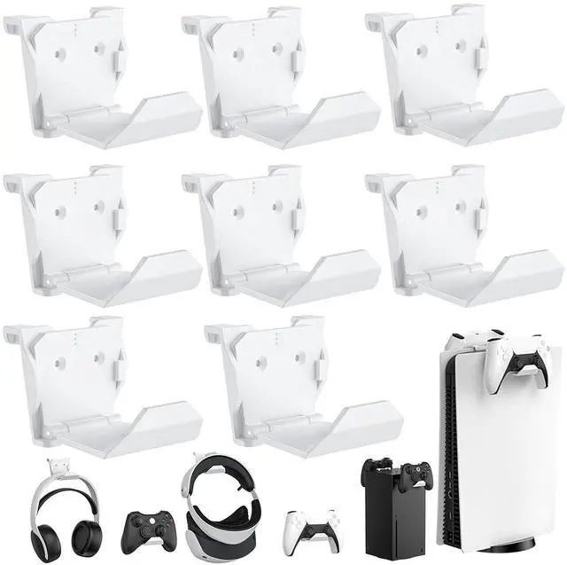 Main image of KUNSLUCK 8 Pack Controller Wall Mount for PS5, Xbox, Switch Controller, Wall Mount Stand for Controller&Headset, Adhesive/Screws Installation (White)