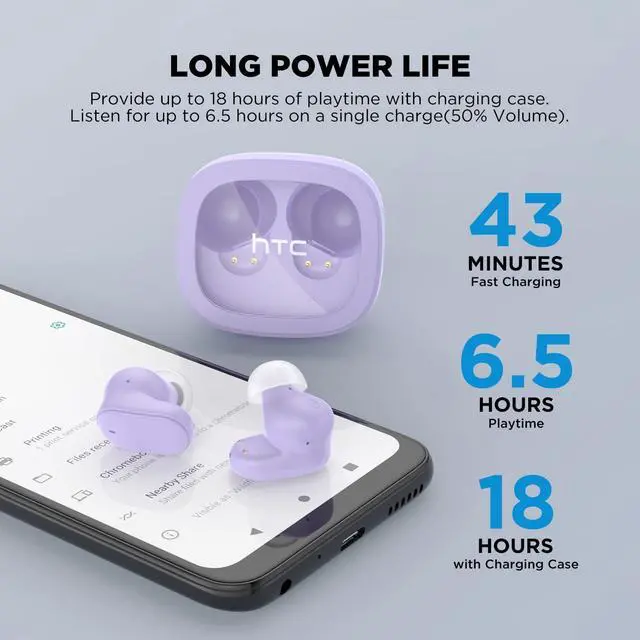 Alt view image 4 of 7 - HTC True Wireless Bluetooth Earbuds 9 Bluetooth 5.3, in-Ear Earphones Transparent Case Design with Wireless Charging Fuction, 24Hour Playtime/Game Modes/Built-in Mic/Touch Control -Purple
