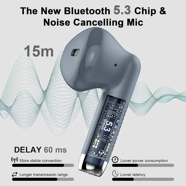 Alt view image 2 of 7 - Wireless Earbuds, Bluetooth 5.4 Headphones in Ear with Noise Cancelling Mic | Bluetooth Earbuds Stereo Bass, IP7 Waterproof Sports Earphones, 32H Playtime USB C Charging Ear Buds Gray for Android iOS