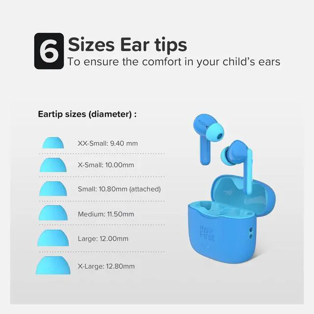Alt view image 4 of 7 - myFirst Carebuds Kids Earbuds Bluetooth 85dB Volume Limit for Small Ears | Anit-lost strap, 6 size ear tips, built-in mic, school travel airplane, for kids ages 3-12, boys and girls, birthday gift