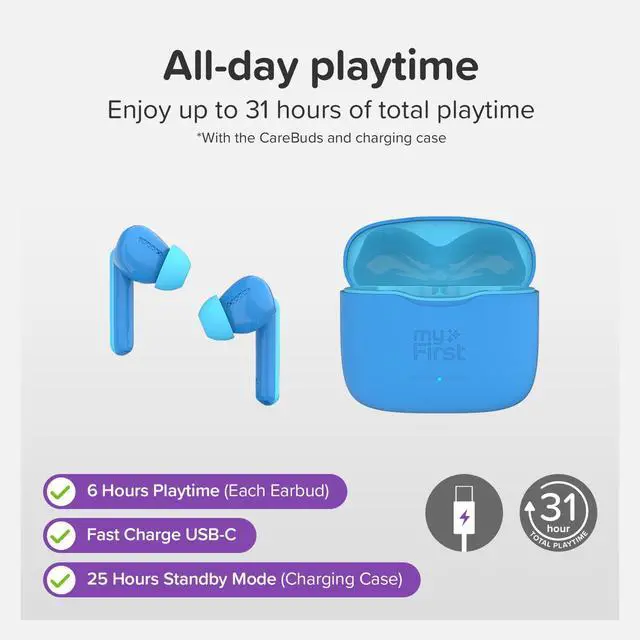 Alt view image 7 of 7 - myFirst Carebuds Kids Earbuds Bluetooth 85dB Volume Limit for Small Ears | Anit-lost strap, 6 size ear tips, built-in mic, school travel airplane, for kids ages 3-12, boys and girls, birthday gift
