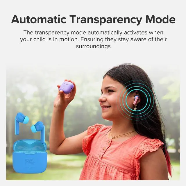 Alt view image 5 of 7 - myFirst Carebuds Kids Earbuds Bluetooth 85dB Volume Limit for Small Ears | Anit-lost strap, 6 size ear tips, built-in mic, school travel airplane, for kids ages 3-12, boys and girls, birthday gift