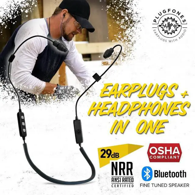 Alt view image 2 of 7 - Plugfones Liberate 2.0 Bluetooth Hearing Protection Earplug Headphones | 29dB NRR Foam Ear Plugs, OSHA Compliant Safety Work Headphones, Wireless Earbuds, Mic, Construction, Factory, Black, Gray