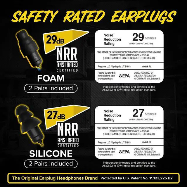 Alt view image 4 of 7 - Plugfones Liberate 2.0 Bluetooth Hearing Protection Earplug Headphones | 29dB NRR Foam Ear Plugs, OSHA Compliant Safety Work Headphones, Wireless Earbuds, Mic, Construction, Factory, Black, Gray