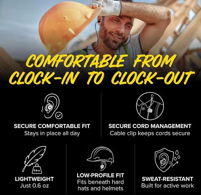 Alt view image 7 of 7 - Plugfones Liberate 2.0 Bluetooth Hearing Protection Earplug Headphones | 29dB NRR Foam Ear Plugs, OSHA Compliant Safety Work Headphones, Wireless Earbuds, Mic, Construction, Factory, Black, Gray