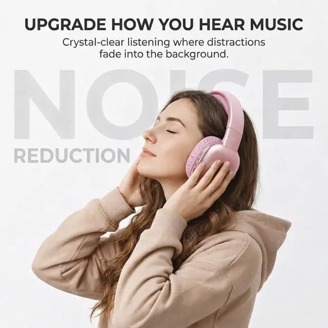 Alt view image 2 of 7 - iJoy Ultra Wireless Over-Ear Bluetooth Headphones with Mic,10H Playtime, Bluetooth Headset with Backup Wire & SD Slot, Wireless Headphones for Work, School & Gym (Pink)