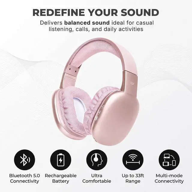 Alt view image 3 of 7 - iJoy Ultra Wireless Over-Ear Bluetooth Headphones with Mic,10H Playtime, Bluetooth Headset with Backup Wire & SD Slot, Wireless Headphones for Work, School & Gym (Pink)