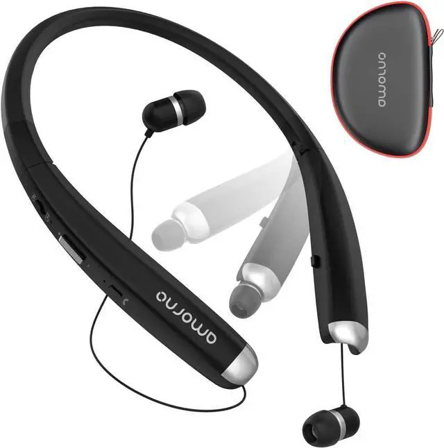 Main image of AMORNO Foldable Bluetooth Headphones, Wireless Neckband Sports Headset with Retractable Earbuds, Sweatproof Noise Cancelling Stereo Earphones with Mic