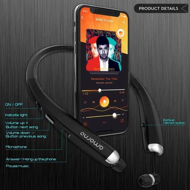 Alt view image 2 of 6 - AMORNO Foldable Bluetooth Headphones, Wireless Neckband Sports Headset with Retractable Earbuds, Sweatproof Noise Cancelling Stereo Earphones with Mic
