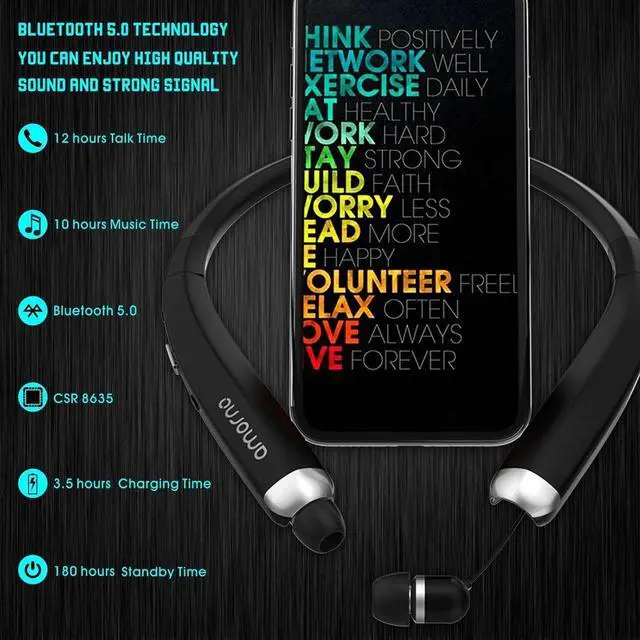 Alt view image 3 of 6 - AMORNO Foldable Bluetooth Headphones, Wireless Neckband Sports Headset with Retractable Earbuds, Sweatproof Noise Cancelling Stereo Earphones with Mic