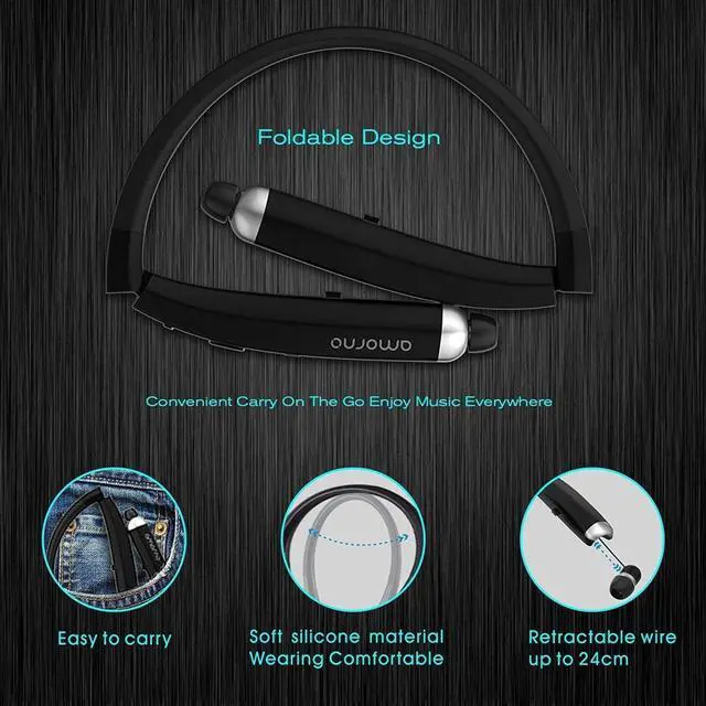 Alt view image 4 of 6 - AMORNO Foldable Bluetooth Headphones, Wireless Neckband Sports Headset with Retractable Earbuds, Sweatproof Noise Cancelling Stereo Earphones with Mic