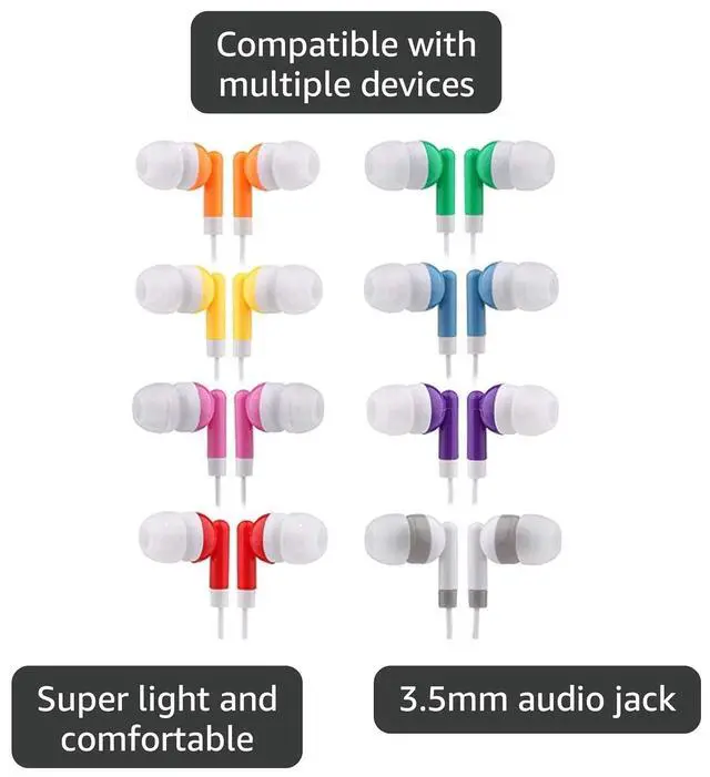 Alt view image 3 of 7 - CN-Outlet Kids Bulk Earbud Headphones 50 Pack Multi Colored, Individually Bagged, Wholesale Disposable Earphones Perfect for School Classroom Libraries Students (50Mixed)