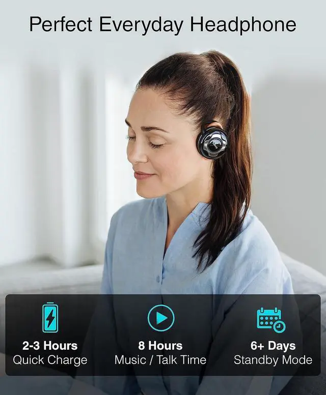 Alt view image 4 of 7 - Kinivo BTH220 Bluetooth Headphones (Black, On-Ear, Wireless Music, Hands-Free Calling, Built-in Mic, Foldable, Memory Form Earpads, Travel Bag)