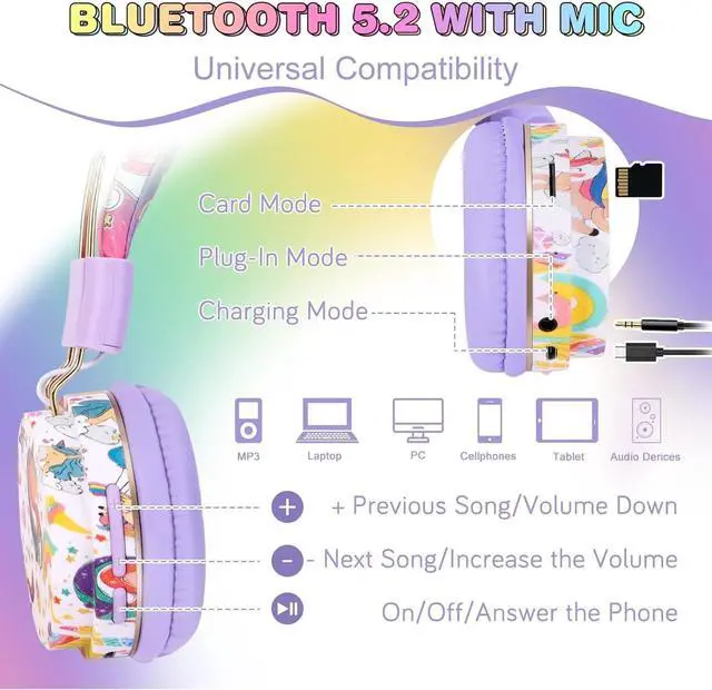 Alt view image 3 of 6 - QearFun Unicorn Kids Bluetooth Headphones, 85dB Safe Volume Limit | For kids at school, tablet, travel, or airplane use, enjoy wireless mode, mic, Bluetooth 5.2, fast charging, foldable design