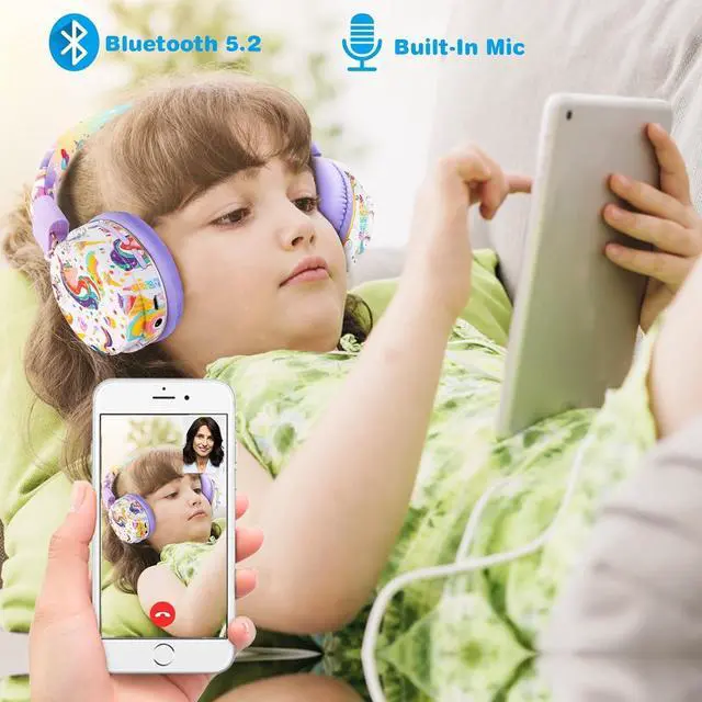 Alt view image 4 of 6 - QearFun Unicorn Kids Bluetooth Headphones, 85dB Safe Volume Limit | For kids at school, tablet, travel, or airplane use, enjoy wireless mode, mic, Bluetooth 5.2, fast charging, foldable design