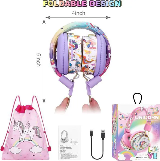 Alt view image 6 of 6 - QearFun Unicorn Kids Bluetooth Headphones, 85dB Safe Volume Limit | For kids at school, tablet, travel, or airplane use, enjoy wireless mode, mic, Bluetooth 5.2, fast charging, foldable design