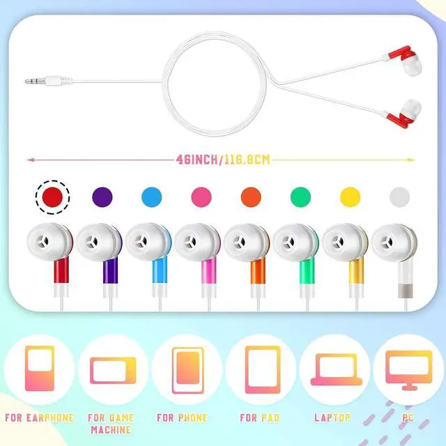 Alt view image 5 of 7 - Macarrie 50 Pack Earbuds Bulk for Classroom Kids Wire Earphones Students Ear Buds Set Stereo Headphones for Kids Adults Schools Libraries, 3.5 MM Audio Jack (Mixed Colors)