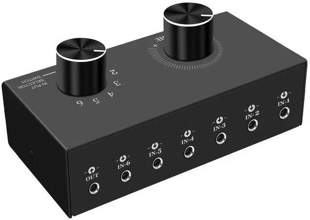 Main image of 6-Way Audio Switcher, 3.5mm (1/8") Stereo Audio Switcher, Plug & Play Compatible with PC, Laptop, MP3, MP4, Headphone, Game System ect. (6 in-1 Out)