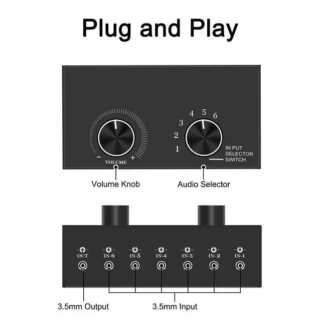 Alt view image 2 of 6 - 6-Way Audio Switcher, 3.5mm (1/8") Stereo Audio Switcher, Plug & Play Compatible with PC, Laptop, MP3, MP4, Headphone, Game System ect. (6 in-1 Out)