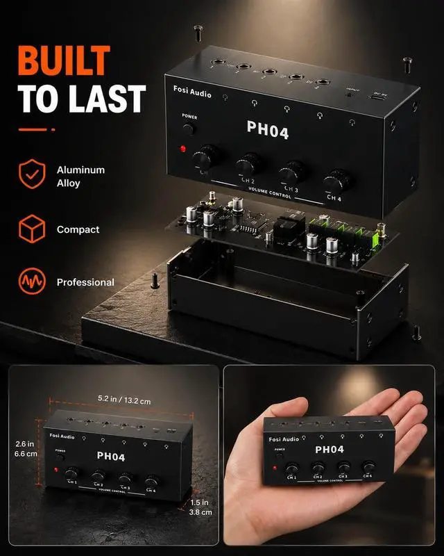 Alt view image 6 of 7 - Fosi Audio PH04 4 Channel Headphone Amplifier with 12V 1A Power Adapter | Crystal-Clear Sound Quality, Low-Noise Audio Distribution, Compact, Space-Saving Design, Plug & Play Convenience