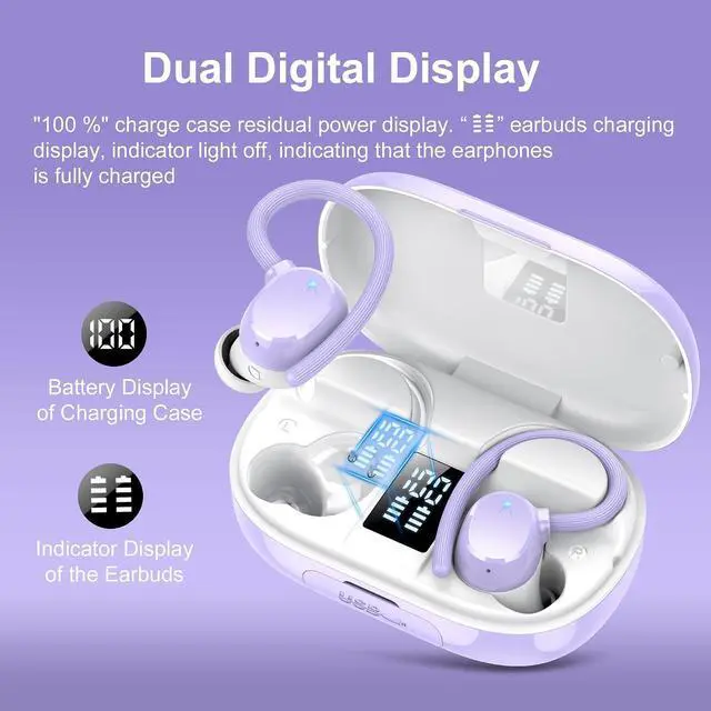 Alt view image 3 of 6 - sprtoybat Wireless Bluetooth Earbuds Sport 128H Playtime New Bluetooth 5.3 Headphones with LED Display Powerful Bass Over Ear Earphones with Earhooks IP7 Waterproof for iOS Android
