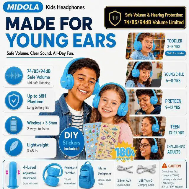 Alt view image 2 of 7 - Kids Bluetooth Headphones Wireless 68 Hours,Safe Volume Limit 85/94dB Blue | Adjustable Headband Foldable Over-Ear Lightweight Headsets for Toddler Girls Boys Tablet/iPad,HD Stereo,Built-in Mic