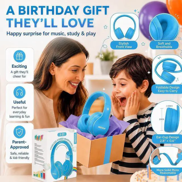 Alt view image 4 of 7 - Kids Bluetooth Headphones Wireless 68 Hours,Safe Volume Limit 85/94dB Blue | Adjustable Headband Foldable Over-Ear Lightweight Headsets for Toddler Girls Boys Tablet/iPad,HD Stereo,Built-in Mic