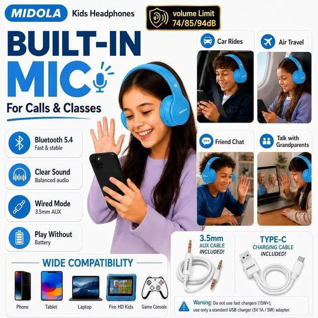 Alt view image 6 of 7 - Kids Bluetooth Headphones Wireless 68 Hours,Safe Volume Limit 85/94dB Blue | Adjustable Headband Foldable Over-Ear Lightweight Headsets for Toddler Girls Boys Tablet/iPad,HD Stereo,Built-in Mic