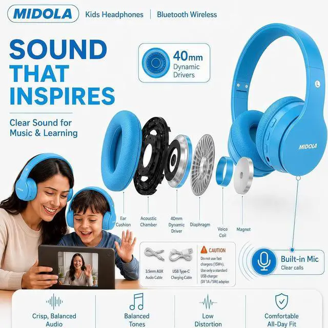Alt view image 7 of 7 - Kids Bluetooth Headphones Wireless 68 Hours,Safe Volume Limit 85/94dB Blue | Adjustable Headband Foldable Over-Ear Lightweight Headsets for Toddler Girls Boys Tablet/iPad,HD Stereo,Built-in Mic