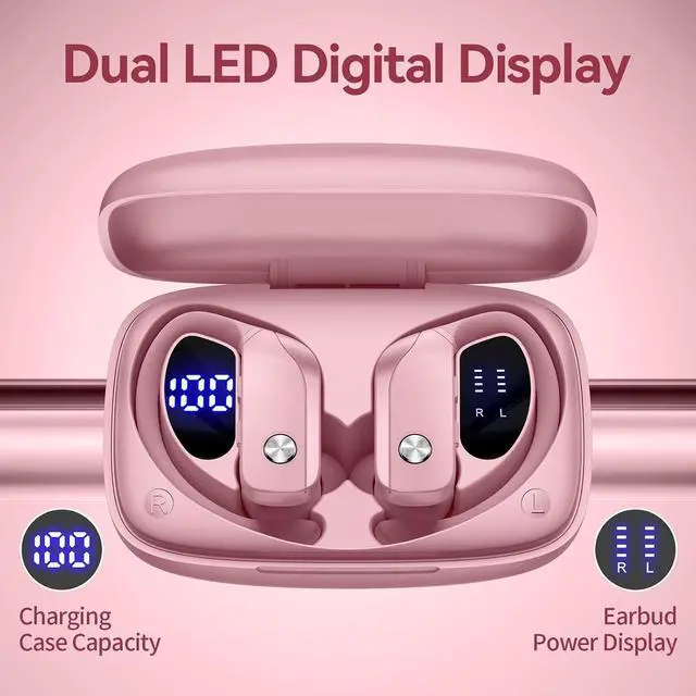 Alt view image 2 of 6 - bmani Ear Buds Wireless Earbuds Bluetooth Headphones with 80H Playtime LED Display Case, Over-Ear Hook with Mic, Stereo Sound, Easy Button Controls, Sports Earphones for Running Workout Gym Pink