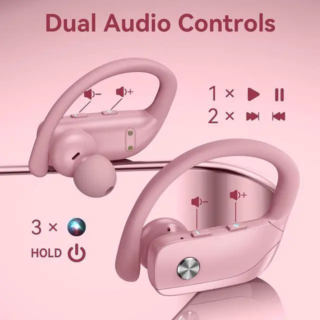 Alt view image 4 of 6 - bmani Ear Buds Wireless Earbuds Bluetooth Headphones with 80H Playtime LED Display Case, Over-Ear Hook with Mic, Stereo Sound, Easy Button Controls, Sports Earphones for Running Workout Gym Pink