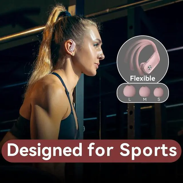Alt view image 6 of 6 - bmani Ear Buds Wireless Earbuds Bluetooth Headphones with 80H Playtime LED Display Case, Over-Ear Hook with Mic, Stereo Sound, Easy Button Controls, Sports Earphones for Running Workout Gym Pink