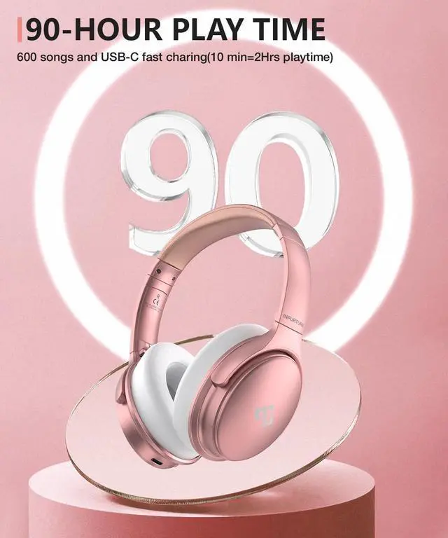 Alt view image 4 of 7 - INFURTURE H1 Active Noise Cancelling Bluetooth Headphone Over Ear Deep Bass | Comfortable, Hi-Fi Stereo, 90H Playtime, Low Latency, Foldable Lightweight for Travel, Office, Sport Running - Pink