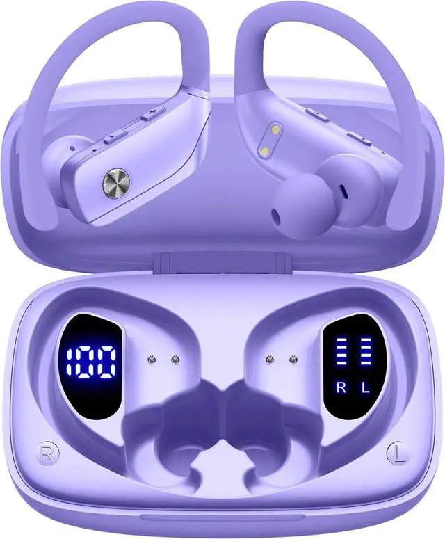 Main image of bmani Ear Buds Wireless Earbuds Bluetooth Headphones with 80H Playtime LED Display Case, Over-Ear Hook with Mic, Stereo Sound, Easy Button Controls, Sports Earphones for Running Workout Gym Purple