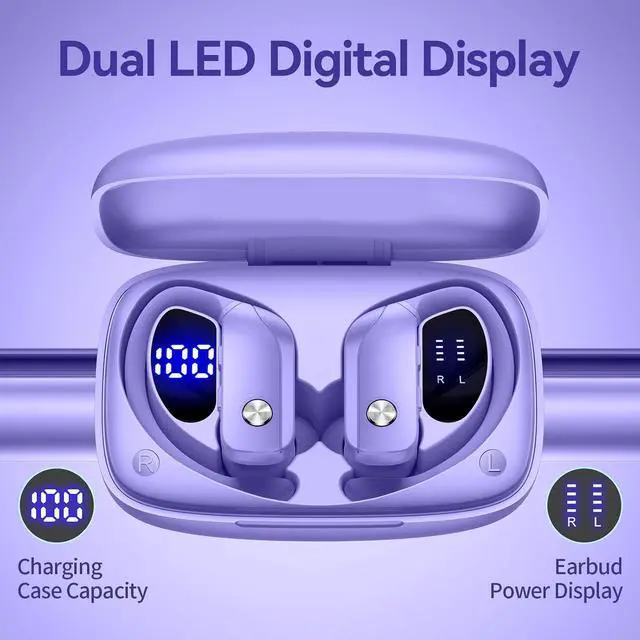 Alt view image 2 of 6 - bmani Ear Buds Wireless Earbuds Bluetooth Headphones with 80H Playtime LED Display Case, Over-Ear Hook with Mic, Stereo Sound, Easy Button Controls, Sports Earphones for Running Workout Gym Purple