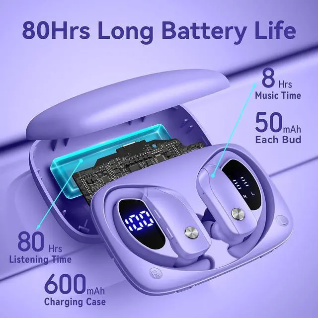 Alt view image 3 of 6 - bmani Ear Buds Wireless Earbuds Bluetooth Headphones with 80H Playtime LED Display Case, Over-Ear Hook with Mic, Stereo Sound, Easy Button Controls, Sports Earphones for Running Workout Gym Purple