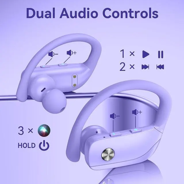 Alt view image 4 of 6 - bmani Ear Buds Wireless Earbuds Bluetooth Headphones with 80H Playtime LED Display Case, Over-Ear Hook with Mic, Stereo Sound, Easy Button Controls, Sports Earphones for Running Workout Gym Purple