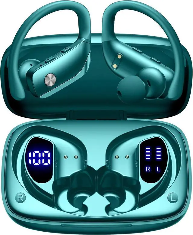 Main image of bmani Ear Buds Wireless Earbuds Bluetooth Headphones with 80H Playtime LED Display Case, Over-Ear Hook with Mic, Stereo Sound, Easy Button Controls, Sports Earphones for Running Workout Gym Green