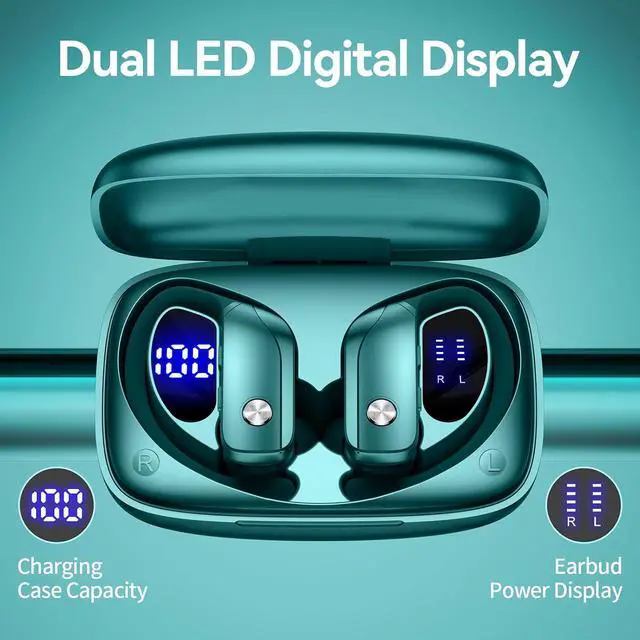 Alt view image 3 of 6 - bmani Ear Buds Wireless Earbuds Bluetooth Headphones with 80H Playtime LED Display Case, Over-Ear Hook with Mic, Stereo Sound, Easy Button Controls, Sports Earphones for Running Workout Gym Green