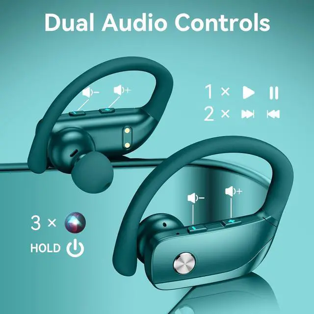 Alt view image 4 of 6 - bmani Ear Buds Wireless Earbuds Bluetooth Headphones with 80H Playtime LED Display Case, Over-Ear Hook with Mic, Stereo Sound, Easy Button Controls, Sports Earphones for Running Workout Gym Green