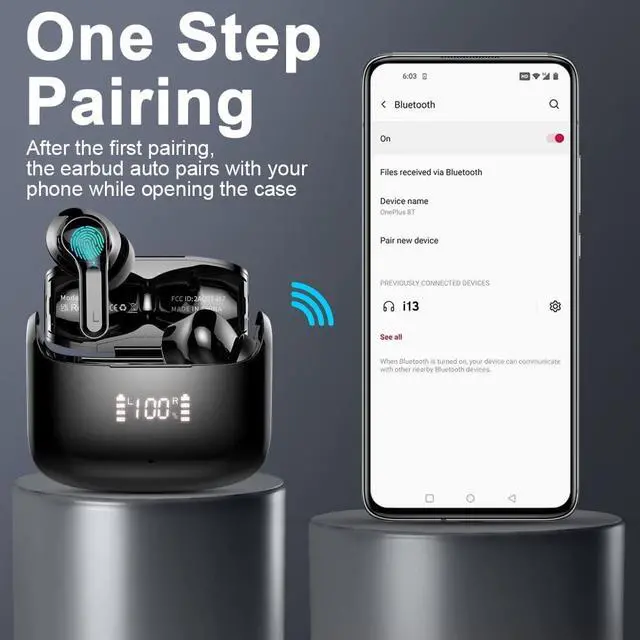 Alt view image 6 of 7 - Ordtop Wireless Earbuds, 2026 Bluetooth 5.4 Headphones NEW Ear Buds Black | 40H Bass Stereo in-Ear Earphones ENC Noise Cancelling Earbuds with 4 ENC Mic, IP7 Waterproof Sport Headset for Android iOS