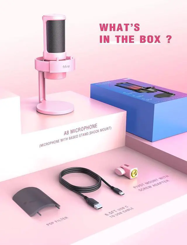 Alt view image 7 of 7 - FIFINE A8 Pink Gaming USB Microphone, Condenser Desktop Mic for PC PS4/5 | Quick Mute, Gain Knob, 3.5mm Headphone Jack, Pop Filter, Shock Mount, for Streaming Home use YouTube Discord Twitch Podcasts